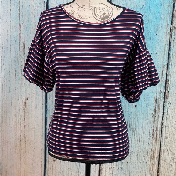 BOBEAU NWT Navy Red Striped Knit Bubble Sleeve Top - Picture 5 of 9